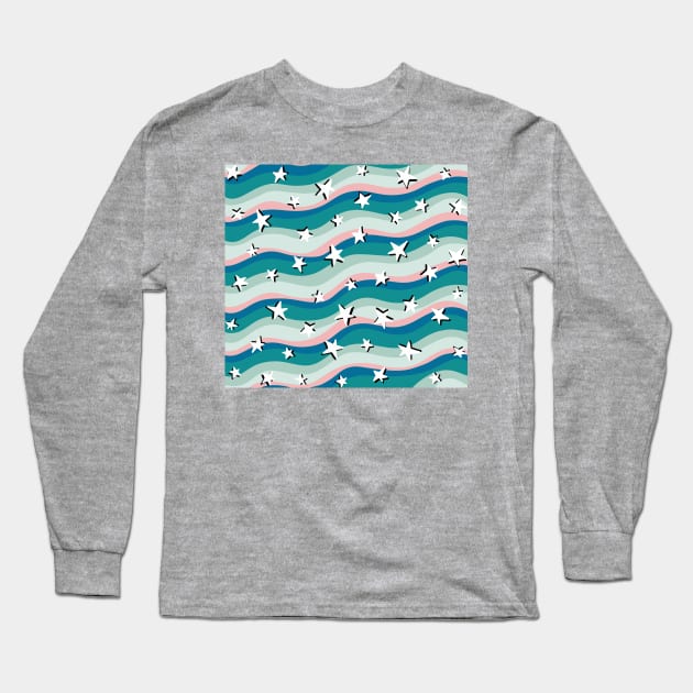 Stars and Stripes Teal and Pink Fun Colourful Pattern Long Sleeve T-Shirt by AlmightyClaire